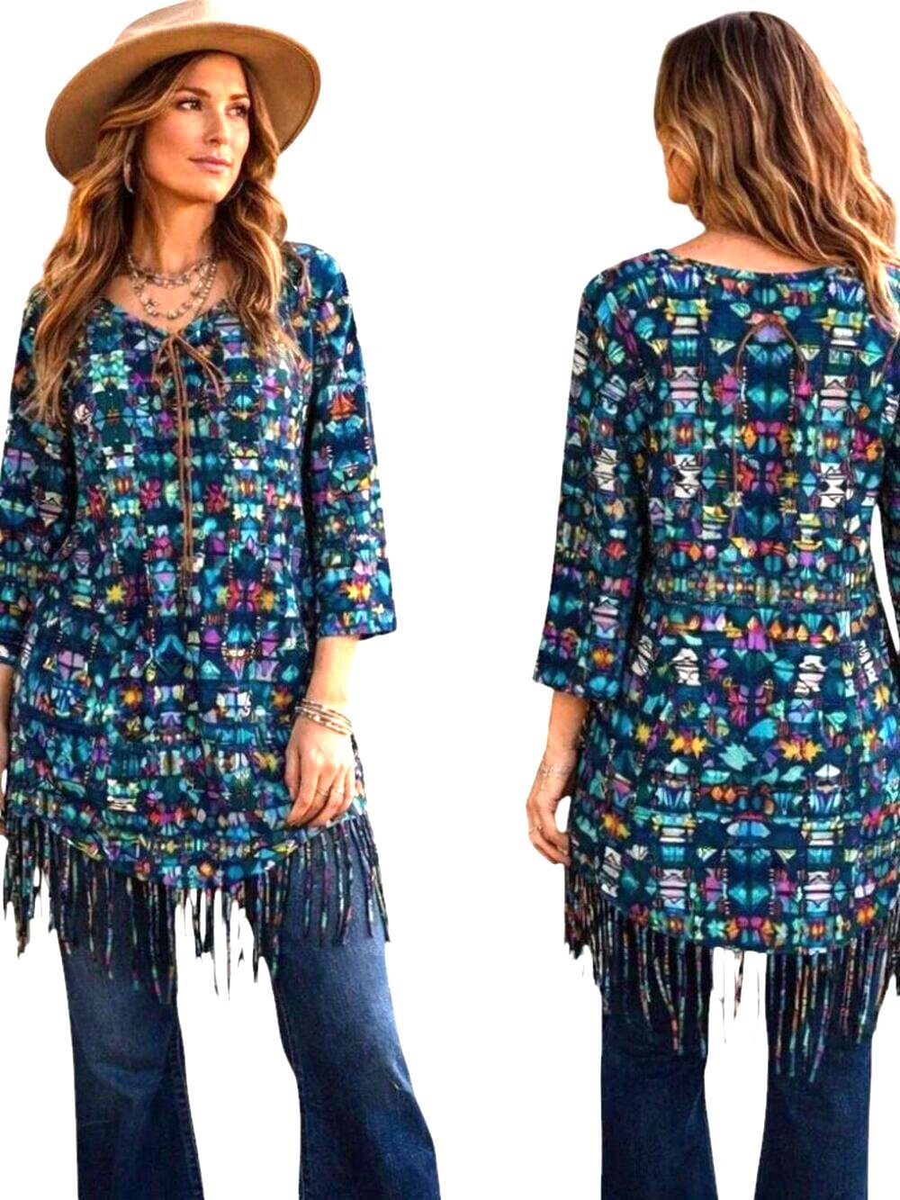 Hannah Western Boho Tunic Top Fringe Aztec Southwest 3/4 Sleeve Size XL